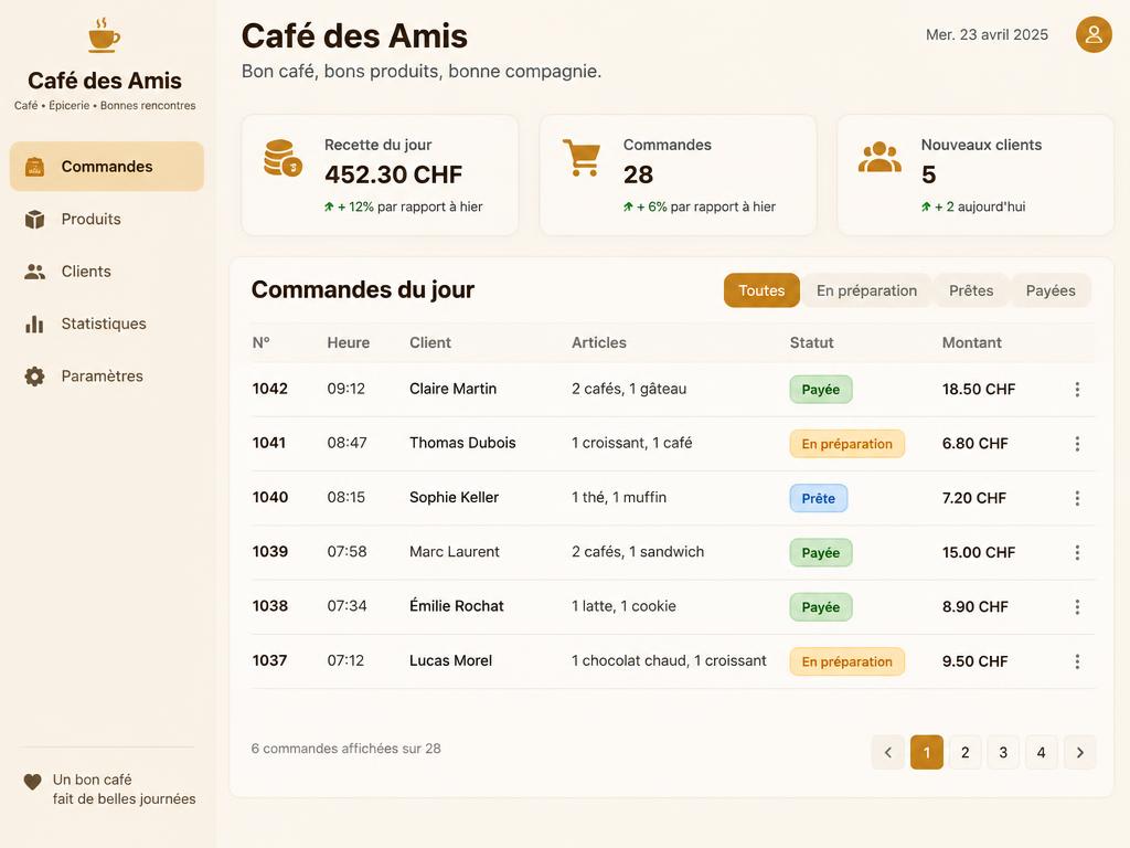 Maquette fictive de l’application Café des Amis : commandes du jour et recette