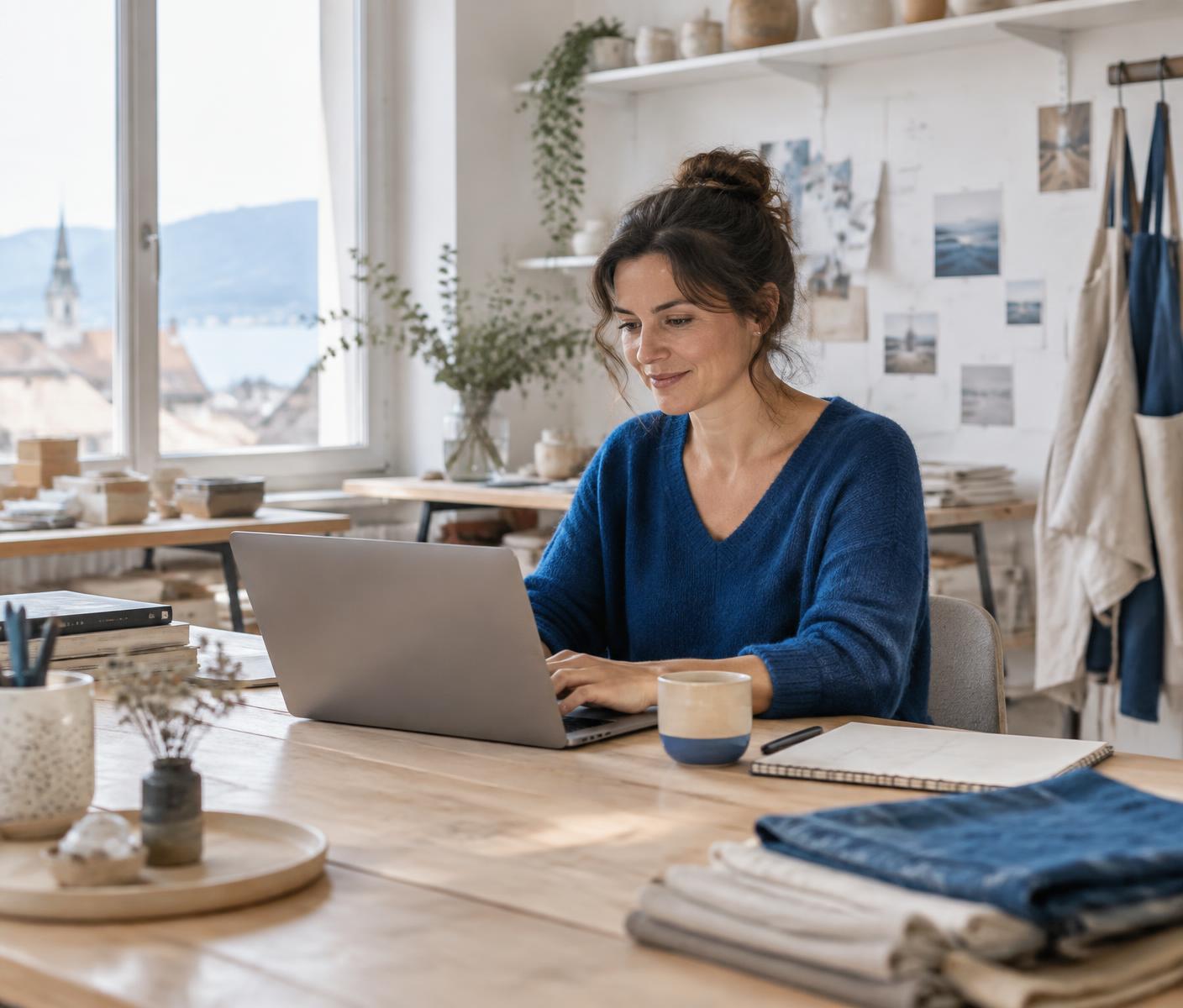 Une entrepreneuse travaillant sur son ordinateur dans son atelier